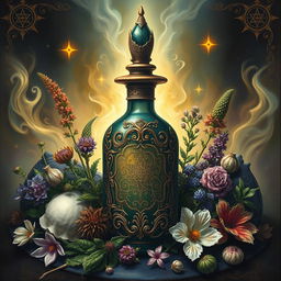 A hyper-realistic, intricately detailed painting of a magical potion surrounded by various herbs