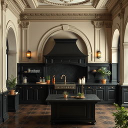 Service amenities featuring a prominently dark kitchen embodied in classicist architecture, with intricate moldings, grand arches, and ornate detailing, capturing the essence of timeless elegance