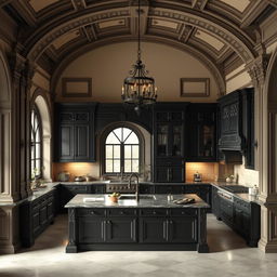 Service amenities featuring a prominently dark kitchen embodied in classicist architecture, with intricate moldings, grand arches, and ornate detailing, capturing the essence of timeless elegance