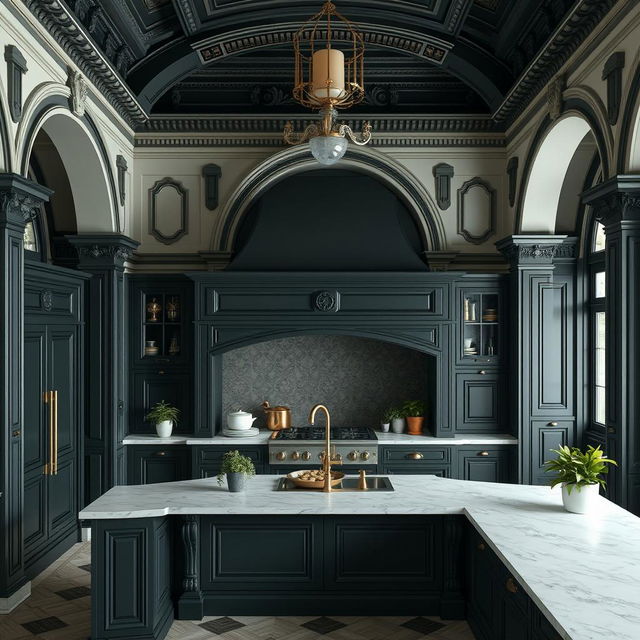 Service amenities featuring a prominently dark kitchen embodied in classicist architecture, with intricate moldings, grand arches, and ornate detailing, capturing the essence of timeless elegance