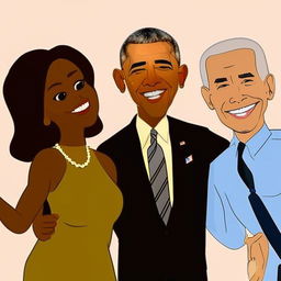 An animated selfie capturing a joyful moment with Barack Obama and Joe Biden, set in a nondescript, neutral backdrop