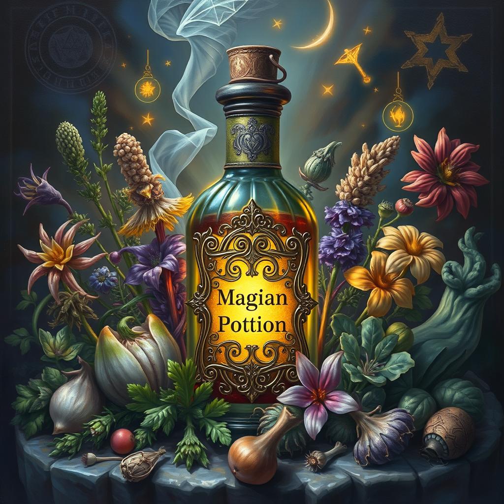 A hyper-realistic, intricately detailed painting of a magical potion surrounded by various herbs