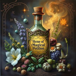 A hyper-realistic, intricately detailed painting of a magical potion surrounded by various herbs