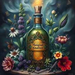 A hyper-realistic, intricately detailed painting of a magical potion surrounded by various herbs