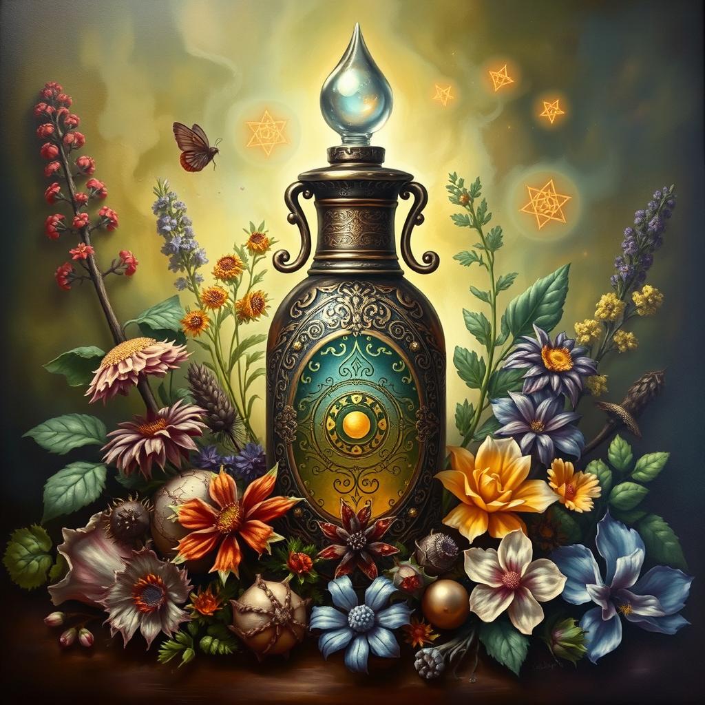 A hyper-realistic, intricately detailed painting of a magical potion surrounded by various herbs