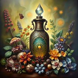 A hyper-realistic, intricately detailed painting of a magical potion surrounded by various herbs