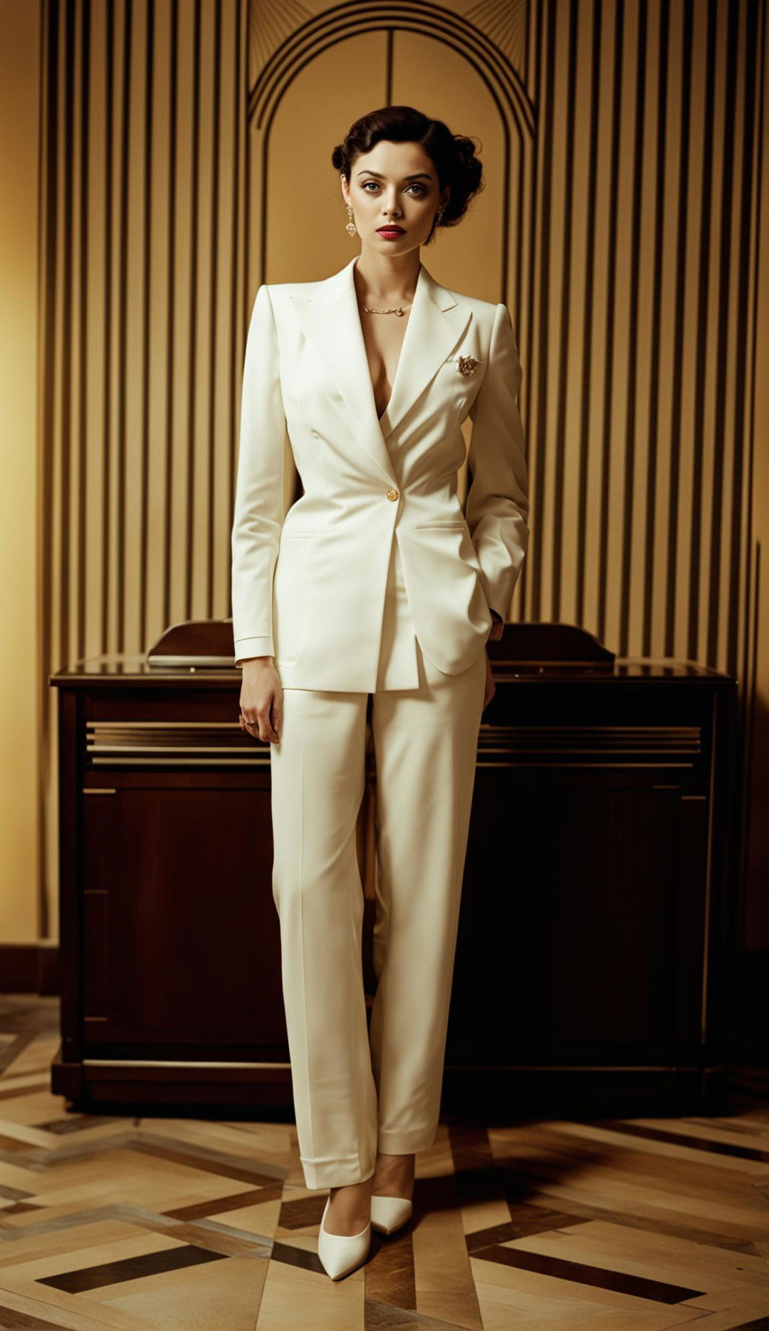 High-resolution photograph of a melancholic woman in a white suit surrounded by art deco elements under warm light.