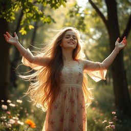 An artistic portrayal of a free-spirited girl embracing nature, celebrating freedom with an aura of elegance and grace, amidst a natural setting of trees and flowers