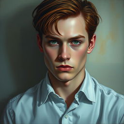 A striking oil painting of a handsome 27-year-old vampire man