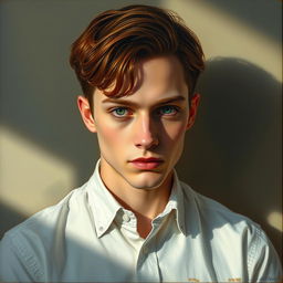 A striking oil painting of a handsome 27-year-old vampire man