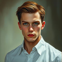 A striking oil painting of a handsome 27-year-old vampire man