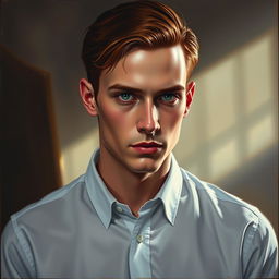 A striking oil painting of a handsome 27-year-old vampire man