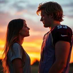 A tall, athletic young football star with a middle part and blonde-brunette hair standing in front of a beautiful girl with long brown hair, who is shorter than him