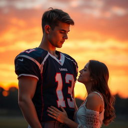 A tall, athletic young football star with a middle part and blonde-brunette hair standing in front of a beautiful girl with long brown hair, who is shorter than him