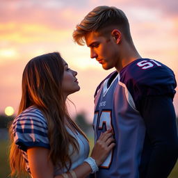 A tall, athletic young football star with a middle part and blonde-brunette hair standing in front of a beautiful girl with long brown hair, who is shorter than him