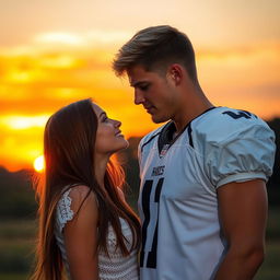 A tall, athletic young football star with a middle part and blonde-brunette hair standing in front of a beautiful girl with long brown hair, who is shorter than him