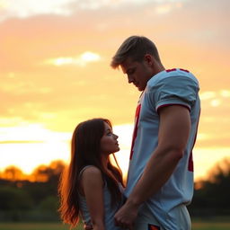 A tall, athletic young football player with a middle part and blonde-brunette hair standing in front of a beautiful girl with long brown hair, who is shorter than him