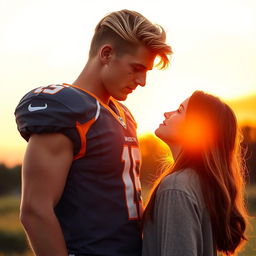 A tall, athletic young football player with a middle part and blonde-brunette hair standing in front of a beautiful girl with long brown hair, who is shorter than him