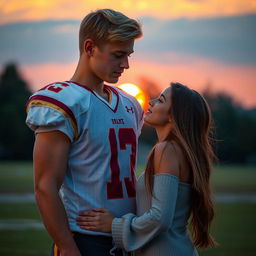 A tall, athletic young football player with a middle part and blonde-brunette hair standing in front of a beautiful girl with long brown hair, who is shorter than him