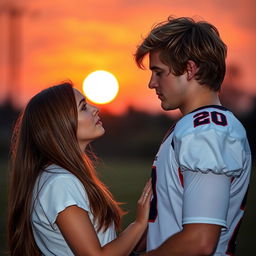 A tall, athletic young football player with a middle part and blonde-brunette hair standing in front of a beautiful girl with long brown hair, who is shorter than him