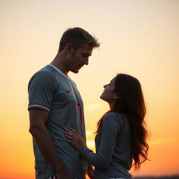 A tall, athletic young football player with a middle part and blonde-brunette hair, standing in front of a beautiful girl with long brown hair, who is shorter than him