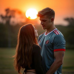 A tall, athletic young football player with a middle part and blonde-brunette hair, standing in front of a beautiful girl with long brown hair, who is shorter than him