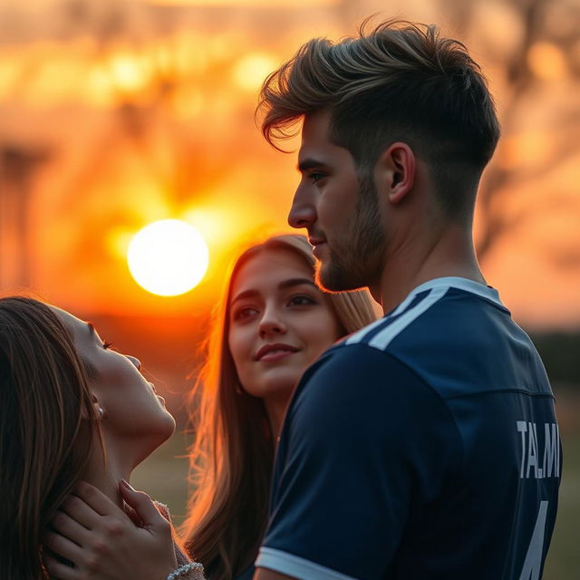 A tall, athletic young football player with a middle part and blonde-brunette hair, standing in front of a beautiful girl with long brown hair, who is shorter than him