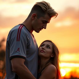 A tall, athletic young football player with a middle part and blonde-brunette hair, standing in front of a beautiful girl with long brown hair, who is shorter than him