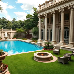 A stunning recreational area in classicist architecture, featuring an elegant swimming pool with elaborate stonework and decorative columns