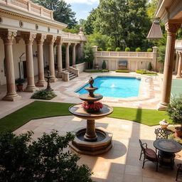 A stunning recreational area in classicist architecture, featuring an elegant swimming pool with elaborate stonework and decorative columns