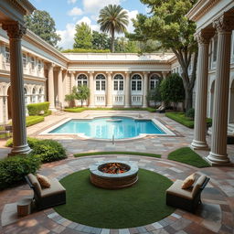 A stunning recreational area in classicist architecture, featuring an elegant swimming pool with elaborate stonework and decorative columns