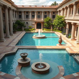 A stunning recreational area in classicist architecture, featuring an elegant swimming pool with elaborate stonework and decorative columns