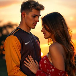 A tall, athletic young football player with a middle part and blonde-brunette hair, standing in front of a beautiful girl with long brown hair, who is shorter than him