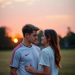 A tall, athletic young football player with a middle part and blonde-brunette hair, standing in front of a beautiful girl with long brown hair, who is shorter than him