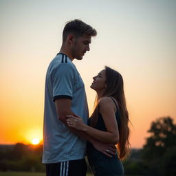 A tall, athletic young football player with a middle part and blonde-brunette hair, standing in front of a beautiful girl with long brown hair, who is shorter than him