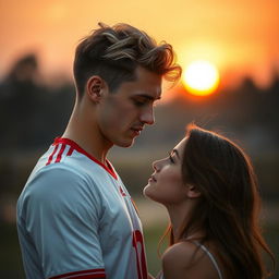 A tall, athletic young football player with a middle part and blonde-brunette hair, standing in front of a beautiful girl with long brown hair, who is shorter than him