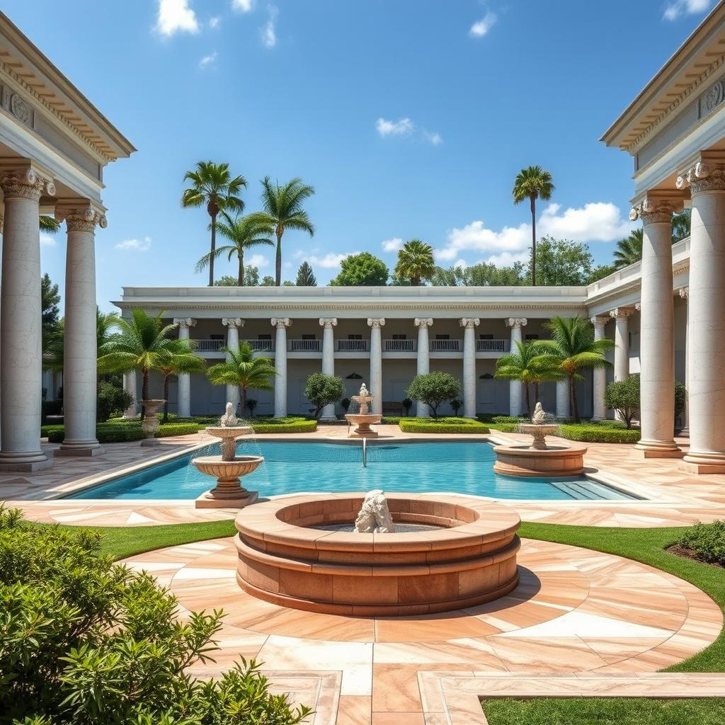 A magnificent recreational area inspired by classicist Greek architecture, featuring an elegant swimming pool surrounded by marble columns and intricate Greek friezes