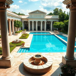 A magnificent recreational area inspired by classicist Greek architecture, featuring an elegant swimming pool surrounded by marble columns and intricate Greek friezes