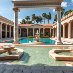 A magnificent recreational area inspired by classicist Greek architecture, featuring an elegant swimming pool surrounded by marble columns and intricate Greek friezes