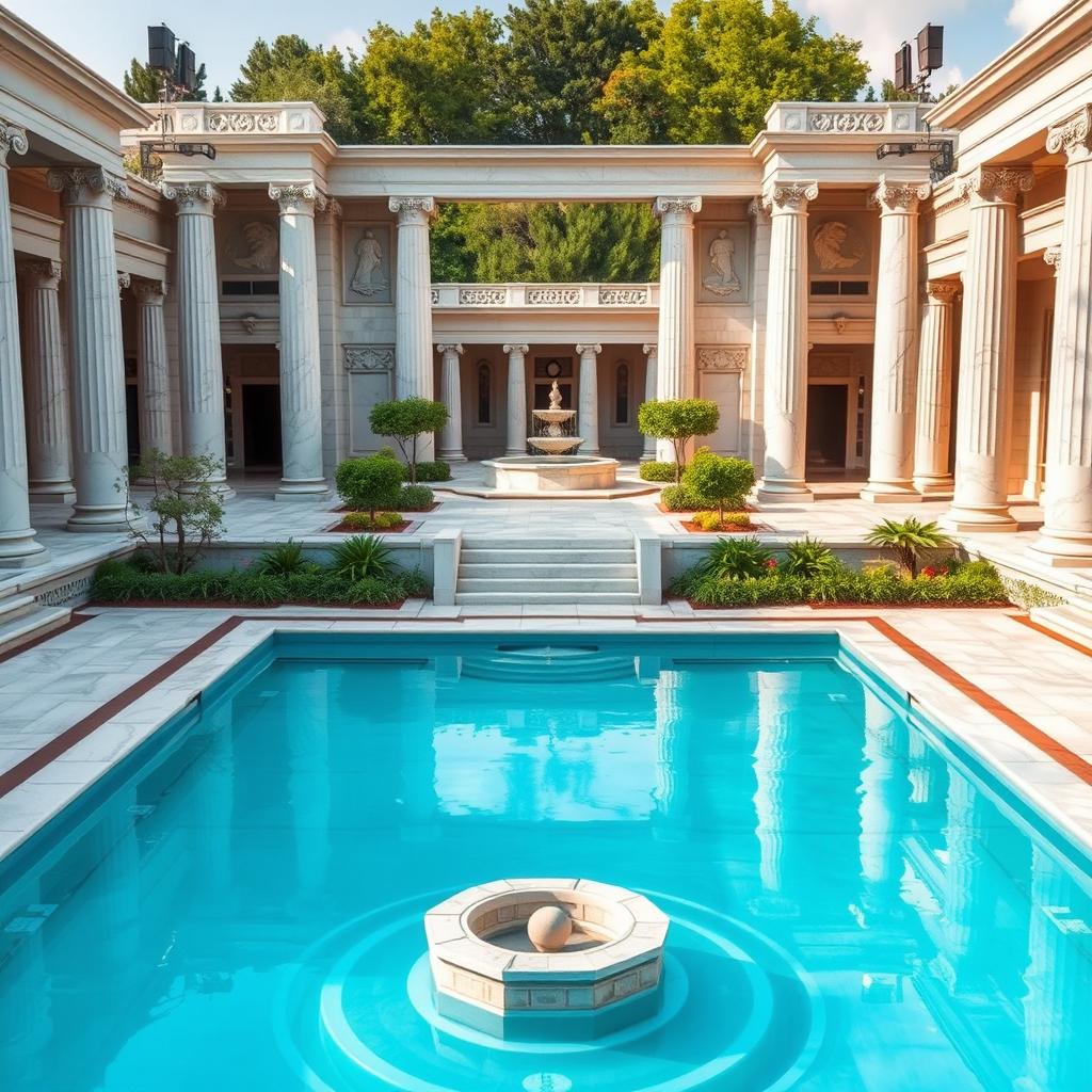 A magnificent recreational area inspired by classicist Greek architecture, featuring an elegant swimming pool surrounded by marble columns and intricate Greek friezes