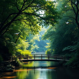 A serene landscape featuring a calm river meandering through a lush forest