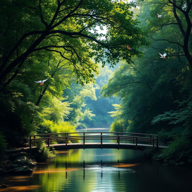 A serene landscape featuring a calm river meandering through a lush forest