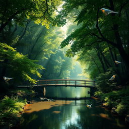 A serene landscape featuring a calm river meandering through a lush forest