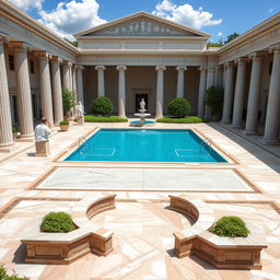 A magnificent recreational area inspired by classicist Greek architecture, featuring an elegant swimming pool surrounded by marble columns and detailed Greek friezes