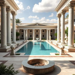 A magnificent recreational area inspired by classicist Greek architecture, featuring an elegant swimming pool surrounded by marble columns and detailed Greek friezes