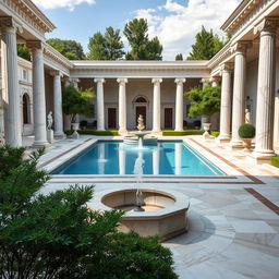 A magnificent recreational area inspired by classicist Greek architecture, featuring an elegant swimming pool surrounded by marble columns and detailed Greek friezes