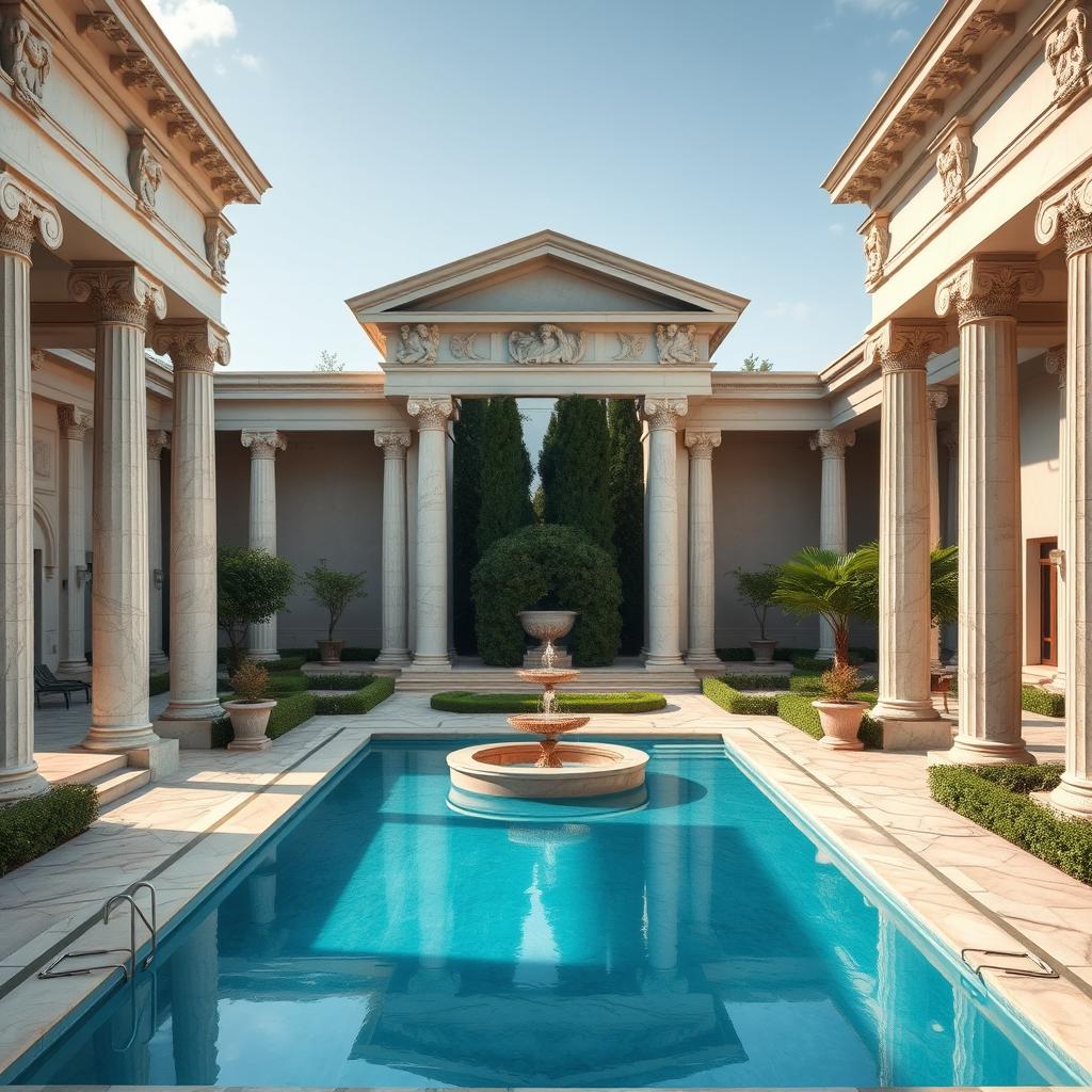 A magnificent recreational area inspired by classicist Greek architecture, featuring an elegant swimming pool surrounded by marble columns and detailed Greek friezes