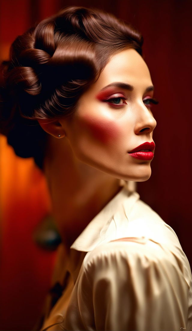 Side profile of melancholic woman in white suit with vibrant lipstick, elaborate hairstyle, button nose, and full Cupid’s bow lips surrounded by art deco elements under warm light.