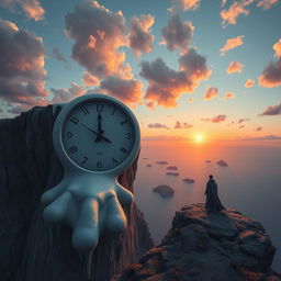 Surreal landscape with a giant clock melting over the edge of a cliff, overlooking a vast ocean with small islands