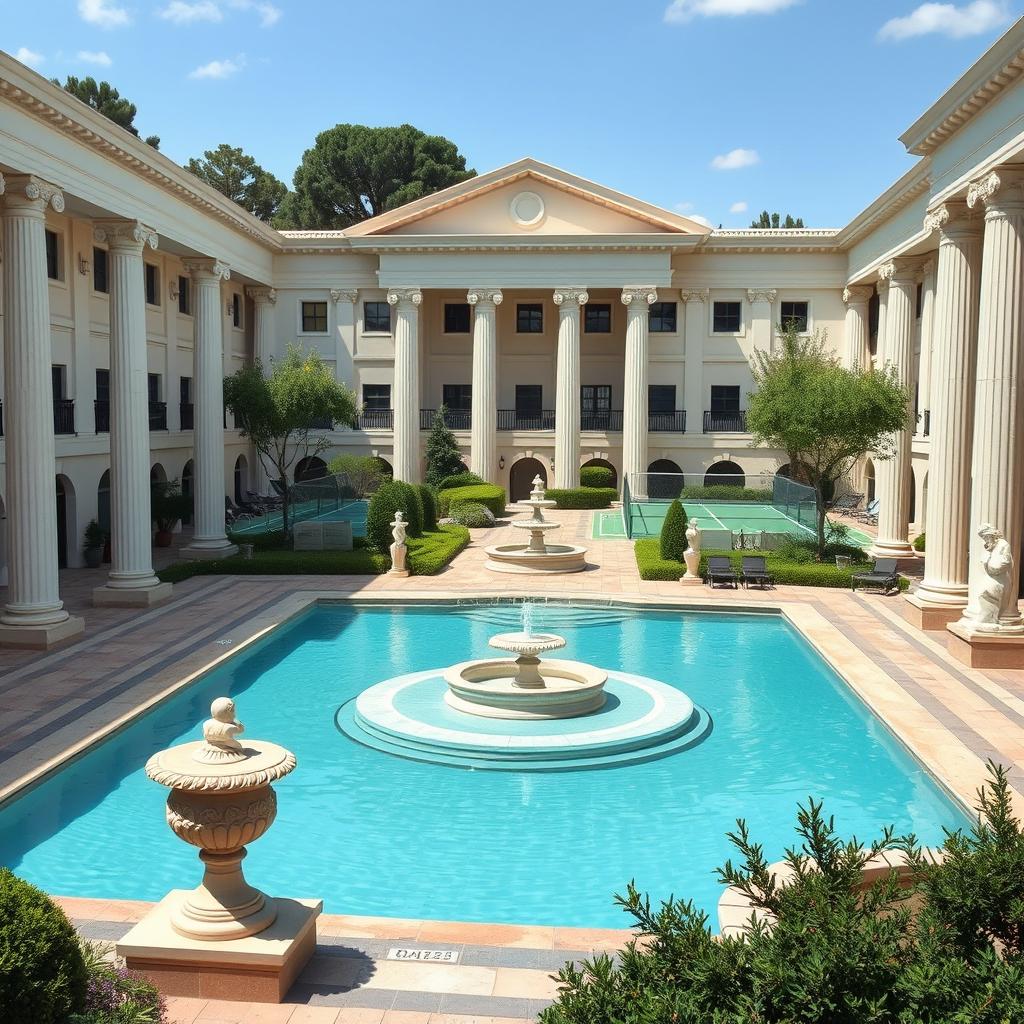 Recreation area designed in classicist architecture with a Greek influence, featuring an elegant swimming pool surrounded by columns and Greek sculptures, evoking an ancient ambiance